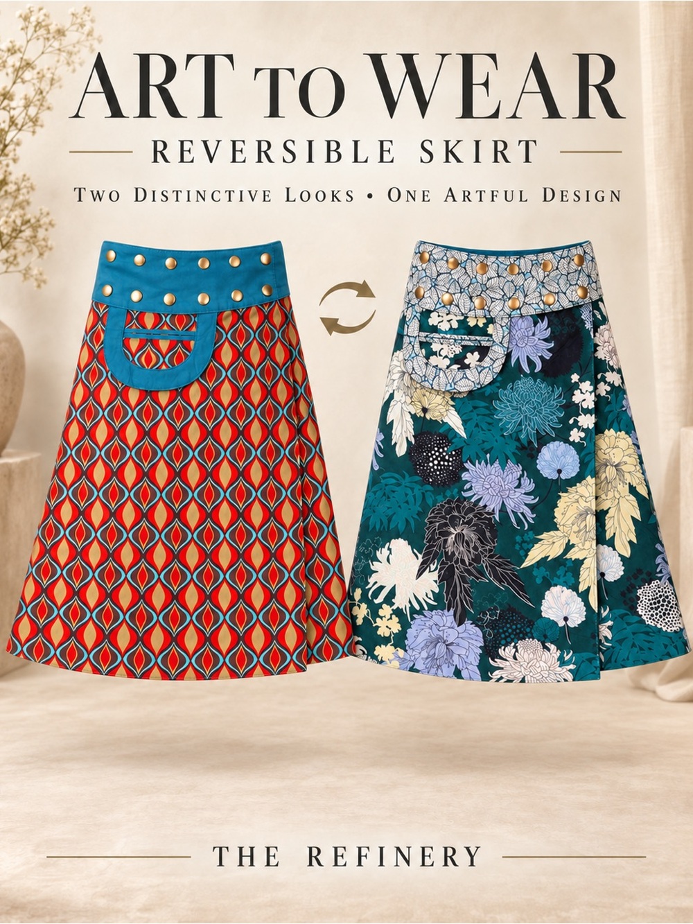 Art to wear Reversible Floral & Geometric A-Line Skirt - Teal/Red hand crafted M